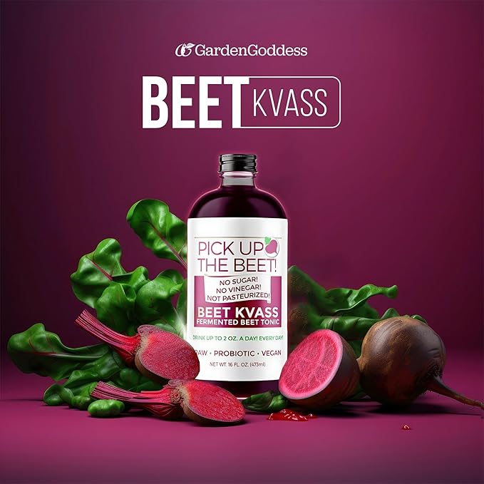 Pick Up The Beet Organic Beet Juice Kvass with Live Probiotics Vegan - Natural Nitric Oxide Boost Fermented Beet Tonic Sugar Cravings Support 32 Ounces 2 Bottles