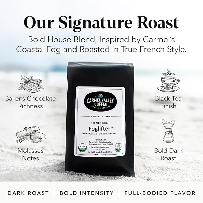 Carmel Valley Coffee Roasting - Whole Bean Coffee Foglifter - Certified Organic French Dark Roast Premium Coffee - 12 Oz Bag 1 Pack