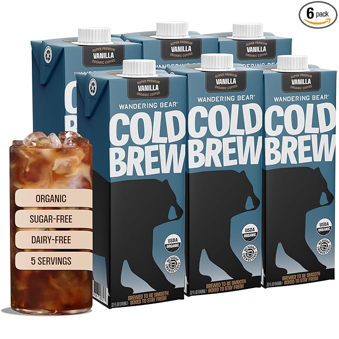 Wandering Bear Organic Vanilla Cold Brew Coffee - Extra Strong Bold Smooth Unsweetened Shelf-Stable Ready to Drink Gluten Free &amp Vegan Iced Cold Brewed Coffee Drink - 32 fl oz 6 pack