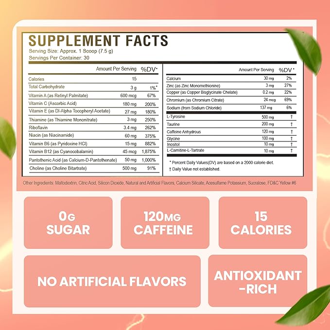 Morning Buzz Energy Drink Powder - Energy Boost Drink Mix - Sugar-Free Energy with Antioxidants - Morning Kickstart and Sports Nutrition Endurance Product - 30 Servings Peach Rita 8 Ounces