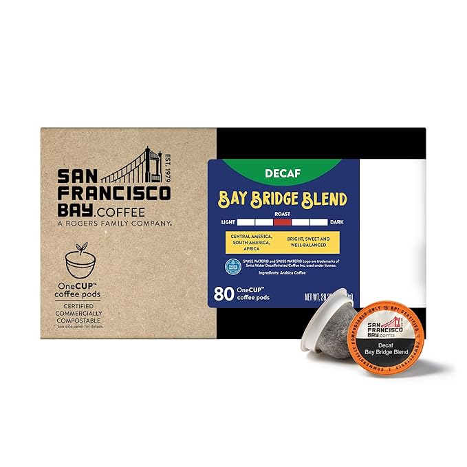 San Francisco Bay Compostable Coffee Pods - DECAF Bay Bridge Blend (80 Ct) K Cup Compatible Medium Roast Swiss Water Processed