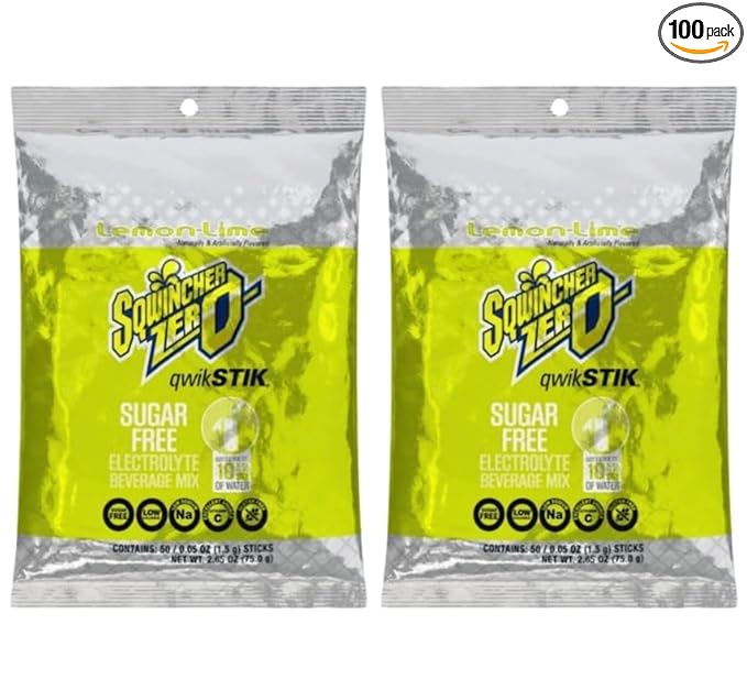 Sqwiincher Zero Qwik Stik Electrolyte Powder Hydration Drink Mix Multi Flavors - 0.05 0z Packet - (100 Pack Lemon-Lime)