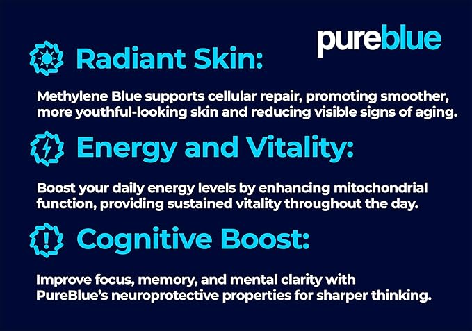 PureBlue Methylene Blue 1% USP Drops | Formaldehyde-Free Alcohol-Free Solution for Cognitive &amp Mitochondrial Support | Third-Party Tested Made in USA | 2 fl oz