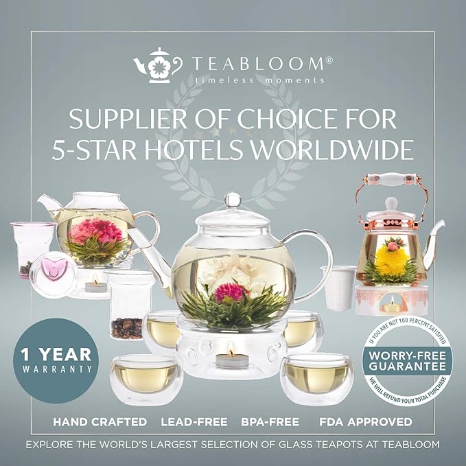 Teabloom One-Touch Tea Maker 2-in-1 Teapot and Kettle with Stainless Steel Filter Lid for Loose Tea – Stain-Free Borosilicate Glass Teapot (40 Oz) – Tea Connoisseur's Choice