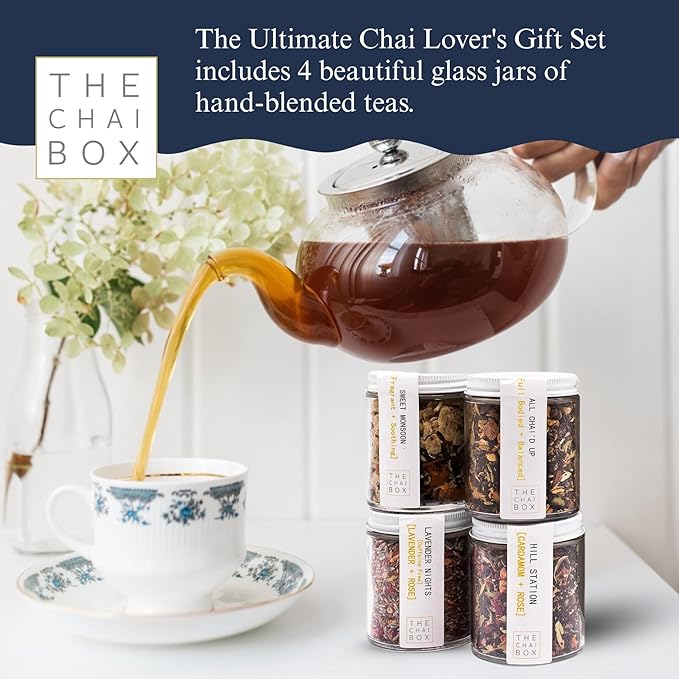 The Chai Box Ultimate Tea Lover's Gift Set - Featured in Oprah's Favorite Things | Caffeinated and Caffeine Free Loose-Leaf Tea Gift Box (Pack of 4) 10 oz | Small Batch Assorted Tea Sampler with Whole
