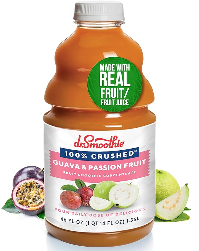 Dr. Smoothie 100% Crushed Guava &amp Passion Fruit – No Added Sugar Made with Real Fruits/Fruit Juice – Vegan No Artificial Colors or Flavors – White Guava with Citrus &amp Passion Fruit – 46 oz B