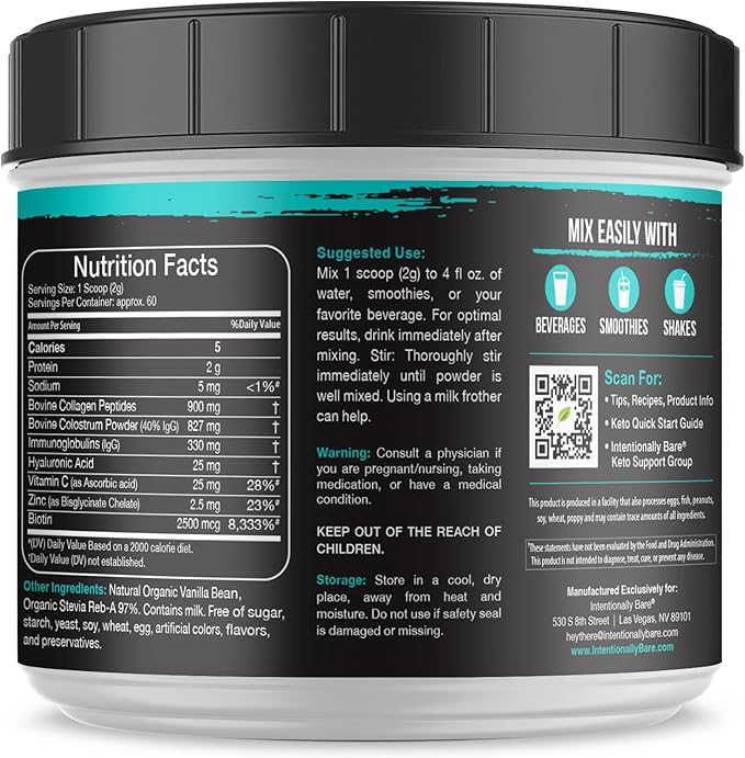 Intentionally Bare Colostrum and Collagen Powder - Bovine Colostrum Powder for Gut Health Immunity Hair Skin &amp Nails - Vanilla Bean Collagen Supplement with Biotin &amp Hyaluronic Acid - 60 Se