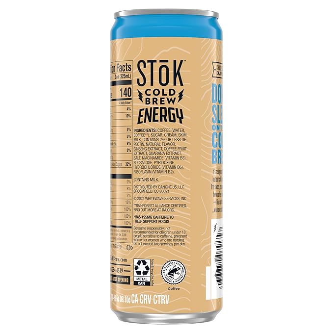 SToK Cold Brew Energy Vanilla Cream Energy Coffee Beverage with 195mg Caffeine to Help Support Focus Canned Coffee with B-Vitamins Guarana and Ginseng11 fl oz 12pk