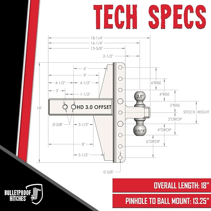 BulletProof Hitches - 3.0 Adjustable Heavy Duty Trailer Hitch (22000 lb. Rating) - Offset 4 &amp 6 Drop/Rise Trailer Hitch with 2 &amp 2-5/16 Dual Ball - Powder Coat Solid Steel Corrosion-Re