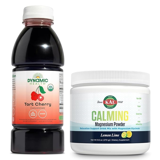Dynamic Health Organic Tart Cherry and KAL Calming Magnesium Powder - Unsweetened 100% Juice Concentrate and Lemon Lime Flavor Magnesium Supplement - 16 Servings 16oz and 40 Servings 9.5 OZ