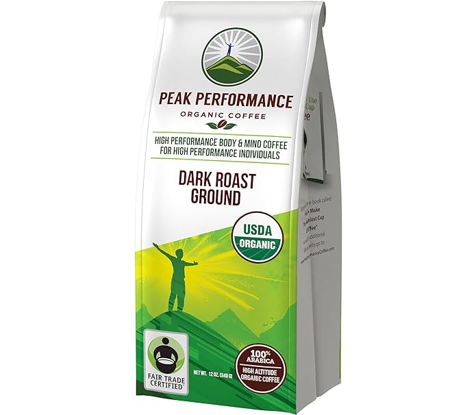 Peak Performance High Altitude Organic Coffee - Fair Trade Low Acid Non GMO and Beans Full of Antioxidants - Dark Roast Smooth Tasting USDA Certified Organic Ground Coffee Bag 12 oz