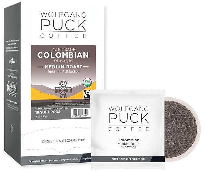 Wolfgang Puck Coffee Colombian Organic Fair Trade 9.5 Gram Soft Pod 18 Count (Pack of 6)