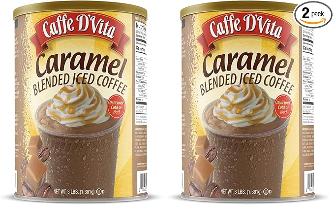 Caffe D'Vita Caramel Blended Ice Coffee - Caramel Frappe Mix Gluten Free No Cholesterol No Hydrogenated Oils No Trans Fat - 3 Lb Can (Pack of 2)