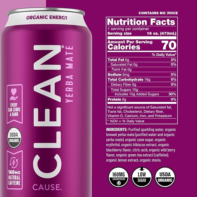 CLEAN Cause Low Calorie Low Sugar &amp Zero Calories Zero Sugar Variety Pack Sparkling Yerba Mate Tea 160mg Caffeine Organic Healthy Alternative to Energy Drinks (16oz cans 2-12-Pack Case)