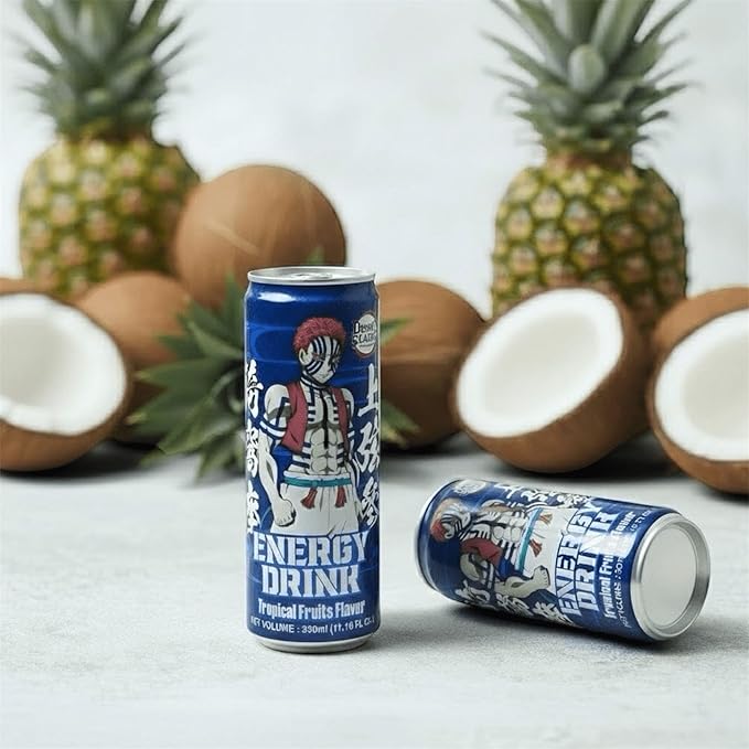 Demon Slayer Tropical Fruit &amp Pomegranate Energy Drink – 11.16 fl oz (330 ml) Cans – Collectible Anime Character Drink (6-Pack Variety)