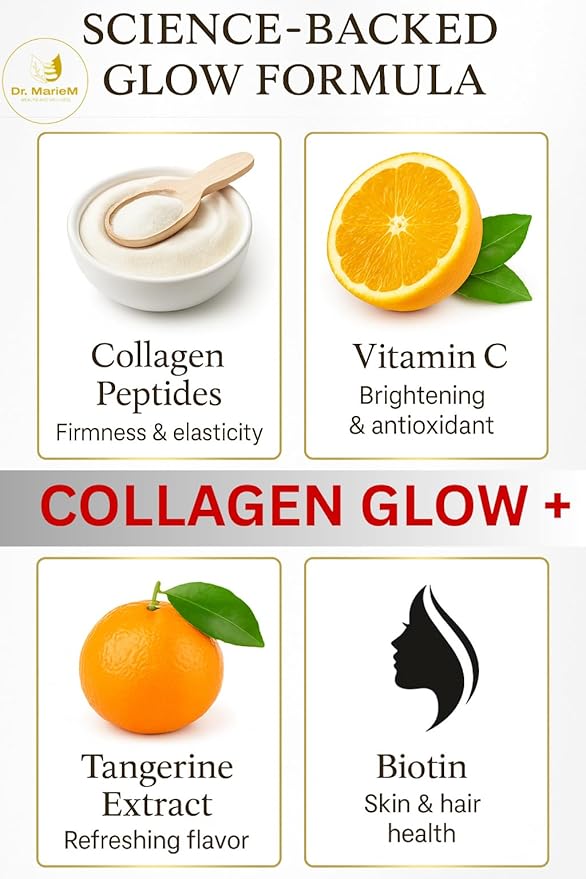 Glow Collagen+ Gummies Supplement – 1000mg Collagen + 500mg Vitamin C for Skin Brightening – Reduces Dark Spots Enhances Radiance and Evens Skin Tone – Tangerine Flavor – 60 Gummies