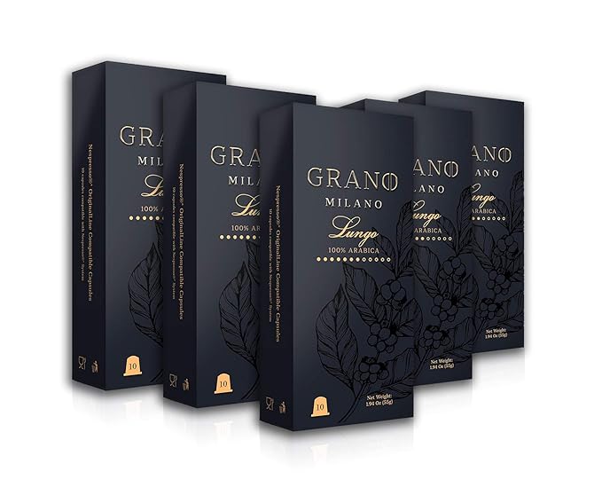 Grano Milano Lungo - 50 Espresso Pods Compatible with Nespresso Original line 100% Arabica Medium Roast - Intensity 7/12 Coffee Capsules Made in Italy Espresso Coffee