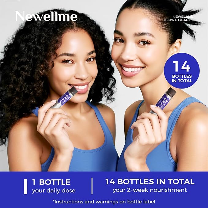 NEWELLME Glow+Beauty Collagen Drink – Liquid Beauty Supplement with Hyaluronic Acid &amp Antioxidant Complex Supports Skin Hydration Hair &amp Nail Strength 28 Bottles