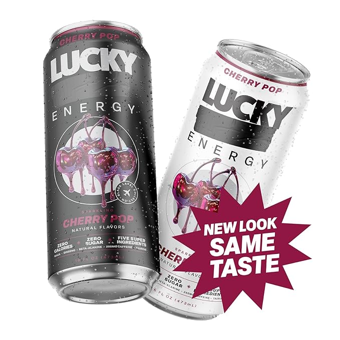 Lucky Energy Sugar Free Energy Drinks Cherry Pop 16oz Cans (12-Pack) Healthy Zero Sugar Energy Drink with Maca Ginseng Beta-Alanine Taurine &amp 200mg Caffeine
