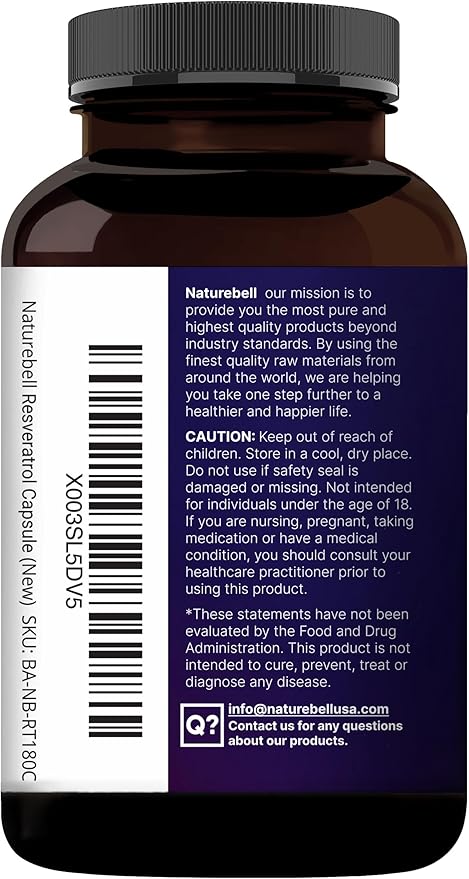NatureBell Resveratrol - 180 Vegetarian Capsules - 1000mg Polygonum Cuspidatum Extract - Antioxidant Support - Heart Brain &amp Immune Wellness*