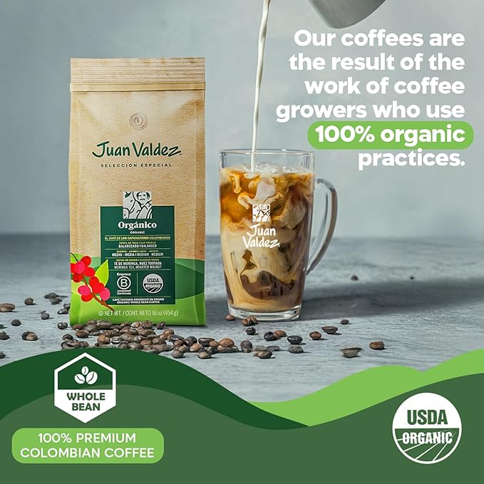 Juan Valdez Organic Whole Bean Coffee - Balanced Roast | 100% Colombian Arabica Beans | 100% Colombian Coffee - Balanced Profile with Moringa &amp Nutty Notes | Certified USDA Organic | 16 oz / 454 g