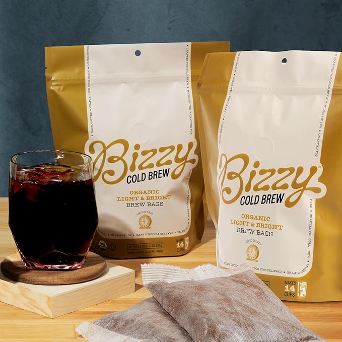 Bizzy Organic Cold Brew Coffee | Bundle | Coarse Ground Coffee | Light &amp Bright 1 LB + Light &amp Bright Brew Bags 4-count | 2 Pack