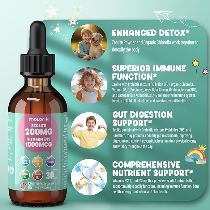 Zeolite Detox for Kids and Adults 200mg Zeolite Liquid Drops with 1000mcg Vitamin B12 Organic Chlorella 10 billion CFU &amp Prebiotics for Gut Support &amp Speech Immune Bone Energy* Strawber