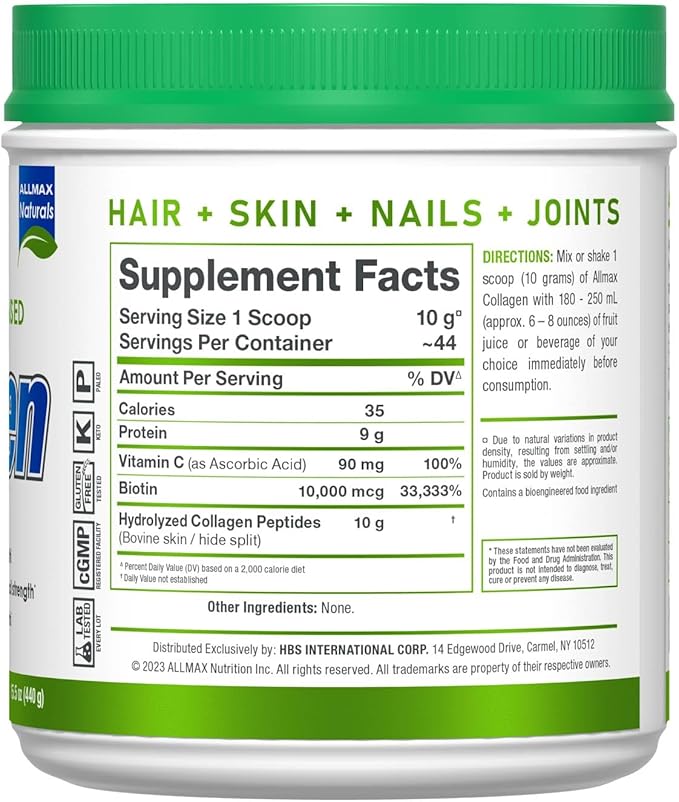 ALLMAX Collagen Powder Grass Fed &amp Pasture Raised – with Biotin (10000 mcg) &amp Vitamin C (90 mg) (440 Grams Unflavored)