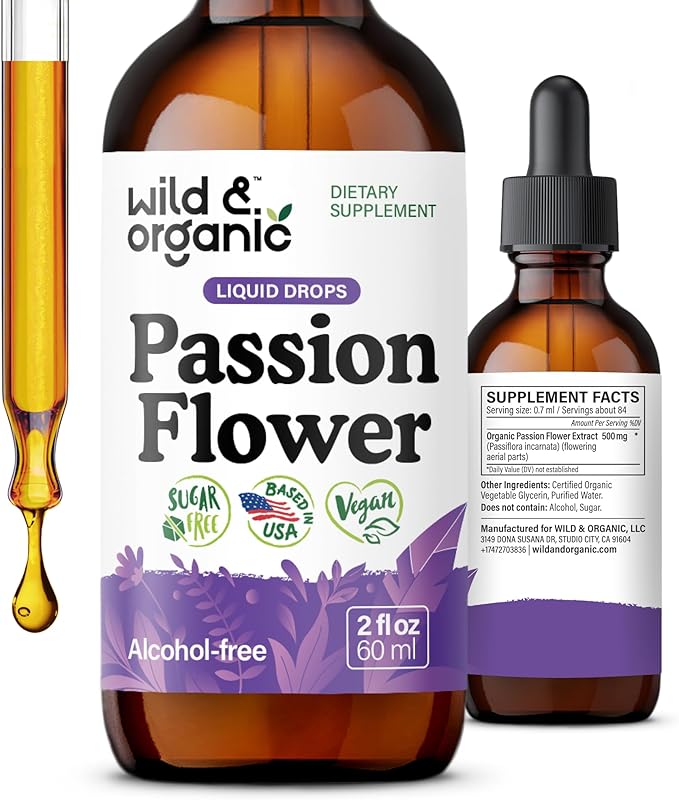 Wild &amp Organic Passionflower Tincture - Relaxing Passion Flower Drops for Women - Liquid Passiflora Incarnata Herb - Vegan Sugar &amp Alcohol-Free Extract Supplement - 2 fl oz