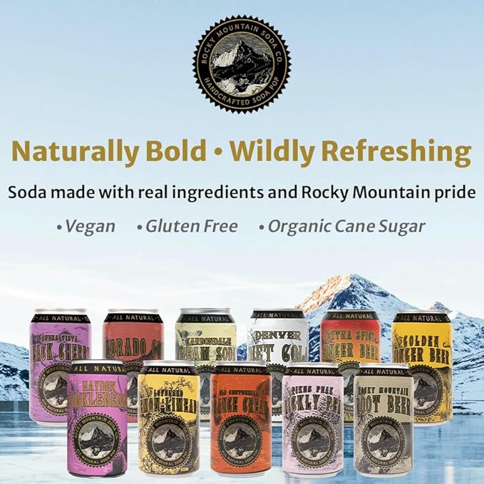 Rocky Mountain Soda 24‑Pack 12 Fl Oz Cans Small‑Batch Craft Soda Pop Gluten‑Free Vegan Organic Cane Sugar No Preservatives No Added Sodium Elderberry Soda Pop
