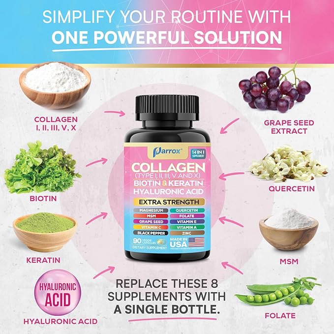 Collagen Peptides Types I II III V &amp X MCG Biotin Keratin Hyaluronic Acid MSM Zinc Grape Seed Extract Quercetin Vitamin A Vitamin C Vitamin E Magnesium Folic Acid (90 Capsules)