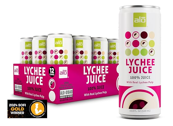 ALO Slim Can Juice Lychee with Real Fruit Pulp| 10.82 fl oz Pack of 12 | Plant-Based Beverage 100% Natural Juice