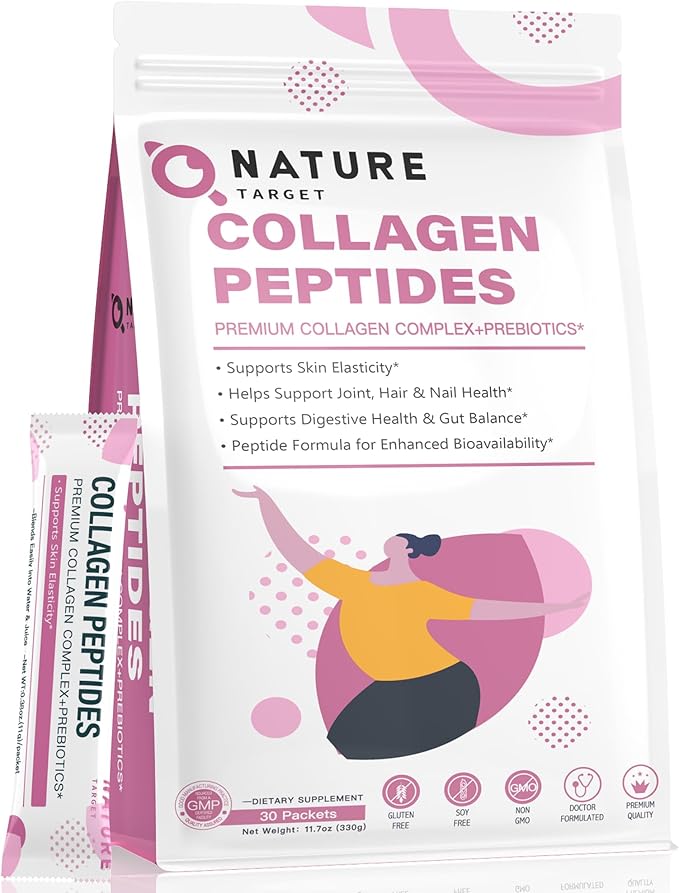 NATURE TARGET Multi Collagen Peptides Powder - Type I II III V X - Enhanced Absorption Hydrolyzed Collagen Peptides with Prebiotics Sugar-Free Skin Hair Nail &amp Joint Support Non-GMO