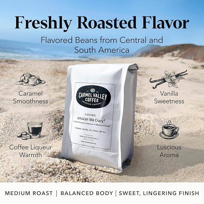 Carmel Valley Coffee Roasting Jamaican Me Crazy® – Medium Roast Whole Bean Caramel Vanilla &amp Coffee Liqueur Flavored 12 Ounce Bag