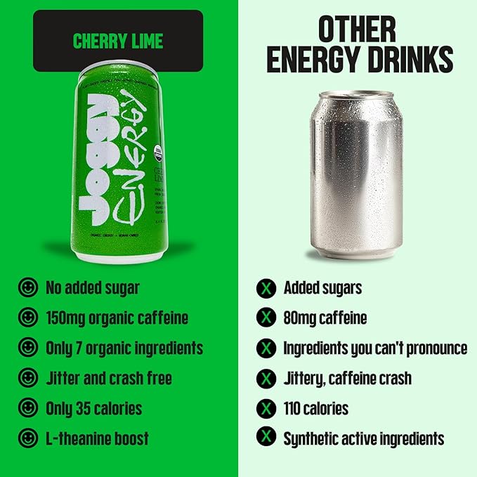 Joggy Energy Drink | Cherry Lime 12pk (8.4oz) | USDA Organic No Added Sugar Plant-Based Energy with Juice &amp Natural Caffeine + L-Theanine | Pre-Workout Focus Drink | No Jitters Vegan Gluten-Fr