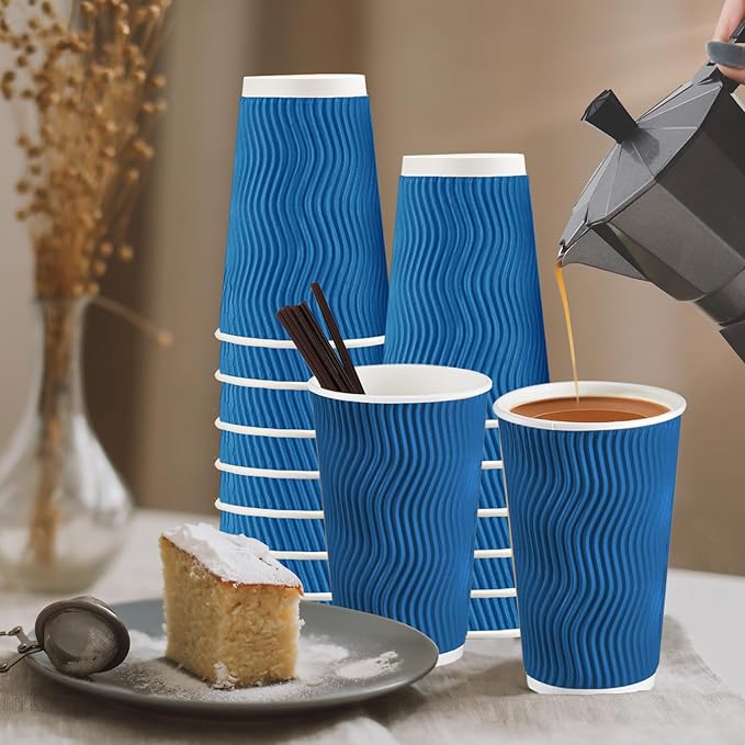 SIUQ 16 oz Coffee Cups-90 Pack Disposable Coffee Cups with Lids and Straws Insulated Ripple Wall To Go Paper Coffee Cup for Coffee Hot Chocolate and Hot Tea Drinks - Navy