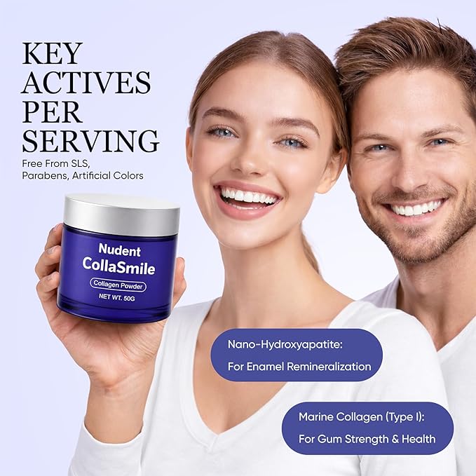 Nudent Collagen Powder Nano-Hydroxyapatite Teeth Powder Smile Strengthening Collagen Strengthens Gums &amp Enamel Gentle Formula for Gums Improve Overall Gum Strength 50g (1)
