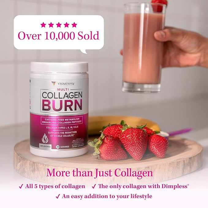 Vitauthority Multi Collagen Burn Energy: Hydrolyzed Protein Peptides with Hyaluronic Acid and Creatine Monohydrate Powder for Women Micronized Creatine Monohydrate with goBHB &amp CognatiQ