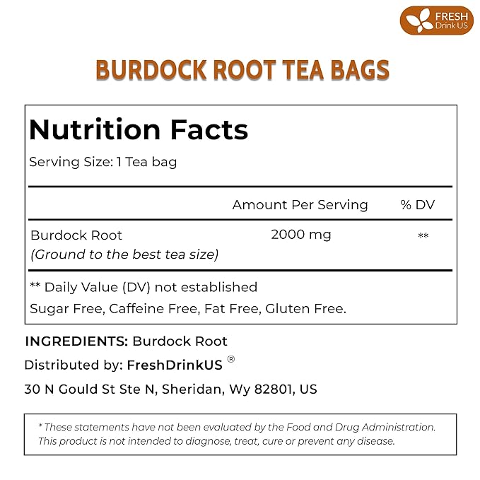 FreshDrinkUS Premium 135 Burdock Root Tea Bags 100% Natural &amp Pure. Made with Natural Material Tea Bags. No Sugar No Caffeine No Gluten Vegan.
