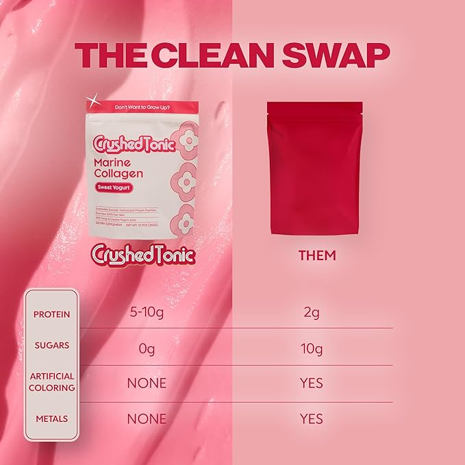 Crushed Tonic Marine Collagen Powder Korean Beauty Drink with Hydrolyzed Collagen Peptides for Skin Hair &amp Nails | Gluten-Free Halal &amp Kosher (Sweet Yogurt Yakult 30 Servings (150 g) Pouch