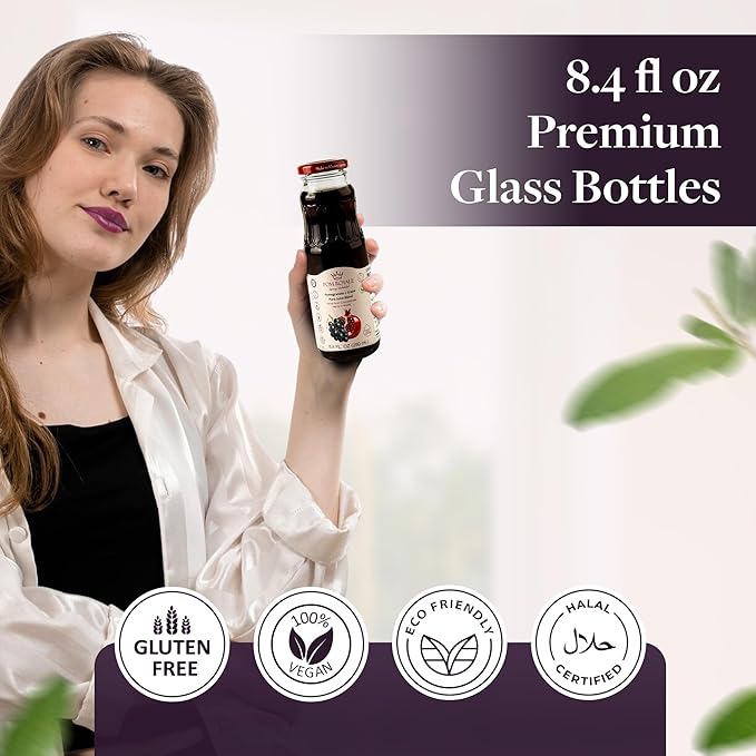 Pure Pomegranate &amp Grape Juice 33.8oz Glass Bottle (Pack of 4) Cold Pressed Juice Not from Concentrate Non-GMO No Sugar Added Gluten Free Preservative Free