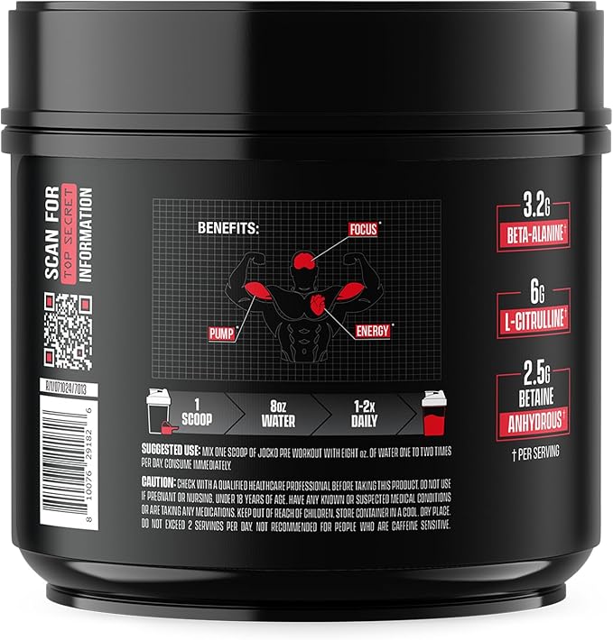 Jocko Fuel Pre Workout for Men &amp Women - High Stim Low Sugar Blend with Beta Alanine + L-Citrulline Support Muscle Pump Energy &amp Recovery 200mg of Caffeine Fruit Punch 30 Servings 1.31lbs