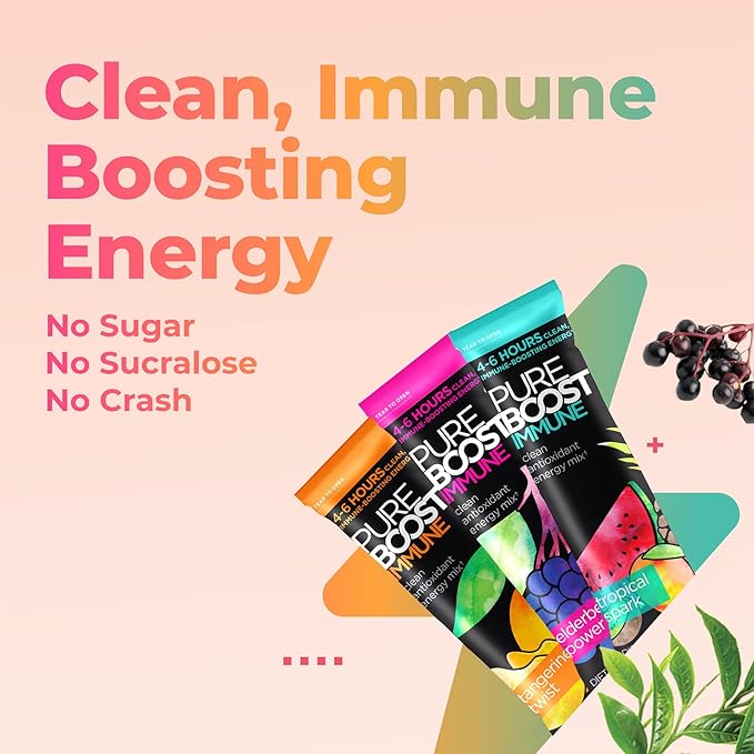 Pureboost Clean Energy and Super Immune Bundle. 60 Stick Packs Boosted with B12 Vitamin C and More. Fruity Combo Pack + Advanced Immune Support Immune Combo Pack