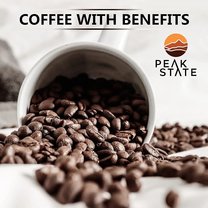 Peak State Calm Descent Decaf – Organic Mushroom Coffee with Benefits Low Acid and Smooth Dark Chocolate Caramel and Sweet Grape Notes Whole Bean Gluten Free 12 oz