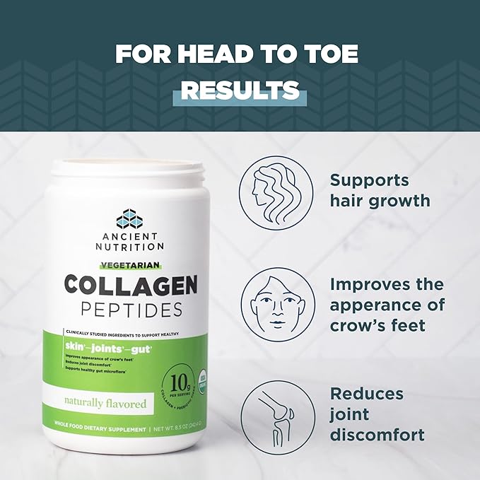 Ancient Nutrition Vegetarian Collagen Peptides Collagen Peptides Powder Collagen Powder with Natural Flavor Prebiotics and Probiotics Supports Healthy Skin Hair Joints Digestion 28 Servings