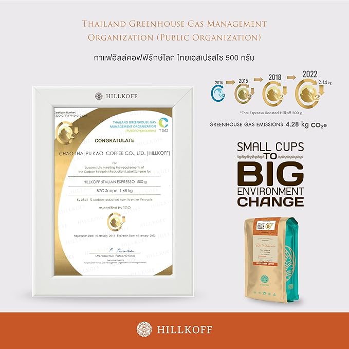 Hillkoff Northern Thai Arabica 100% Thai Espresso Low Carbon Coffee Whole Bean Thai Coffee 8.8 Oz (Medium Roasted) (Thai Espresso 250 grams)
