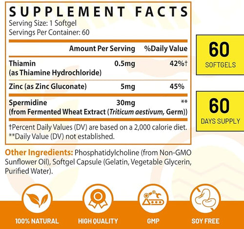 30mg Spermidine Supplement for Men &amp Women High Absorption More Potent Than Spermidine 3HCL - for Cellular Renewal Longevity &amp Cognitive Fermented Wheat Germ Extract Pure &amp Natural 6