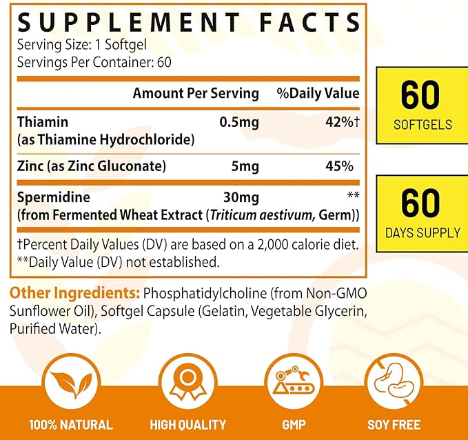 30mg Spermidine Supplement for Men &amp Women High Absorption More Potent Than Spermidine 3HCL - for Cellular Renewal Longevity &amp Cognitive Fermented Wheat Germ Extract Pure &amp Natural 1
