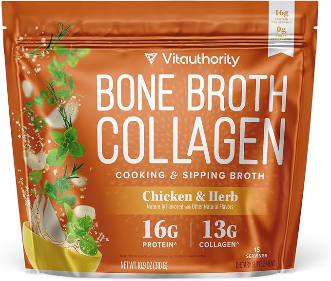 Vitauthority Bone Broth Collagen Delicious Chicken Noodle Flavored - Packed with 16g of Protein &amp Types I II III - Nourishes Skin Hair Nails Joints &amp Gut - Beef BoneBroth