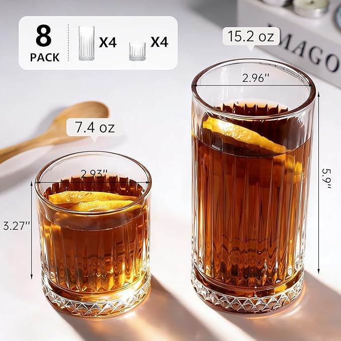 Ruckae Drinking Glasses Set of 815 oz and 7 oz Kitchen Water Glass Cups SetClear Ribbed Glassware Dishwasher SafeMixed Drinkware for BeerJuiceCocktailWhiskeyMilk and Various Mixed Drinks
